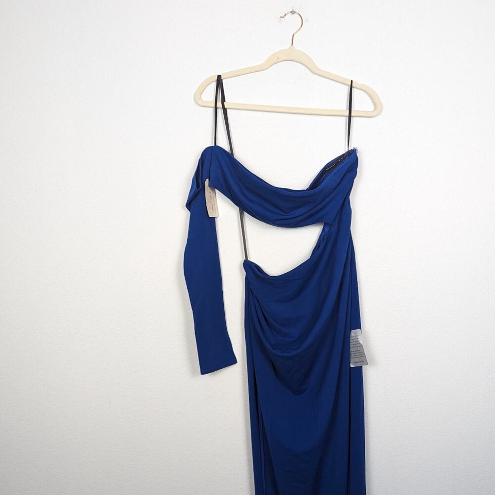 NWT Katie May Ocean Blue Cut Out Strapless One Sleeve Side Slit Maxi Dress Gown - Picture 3 of 9